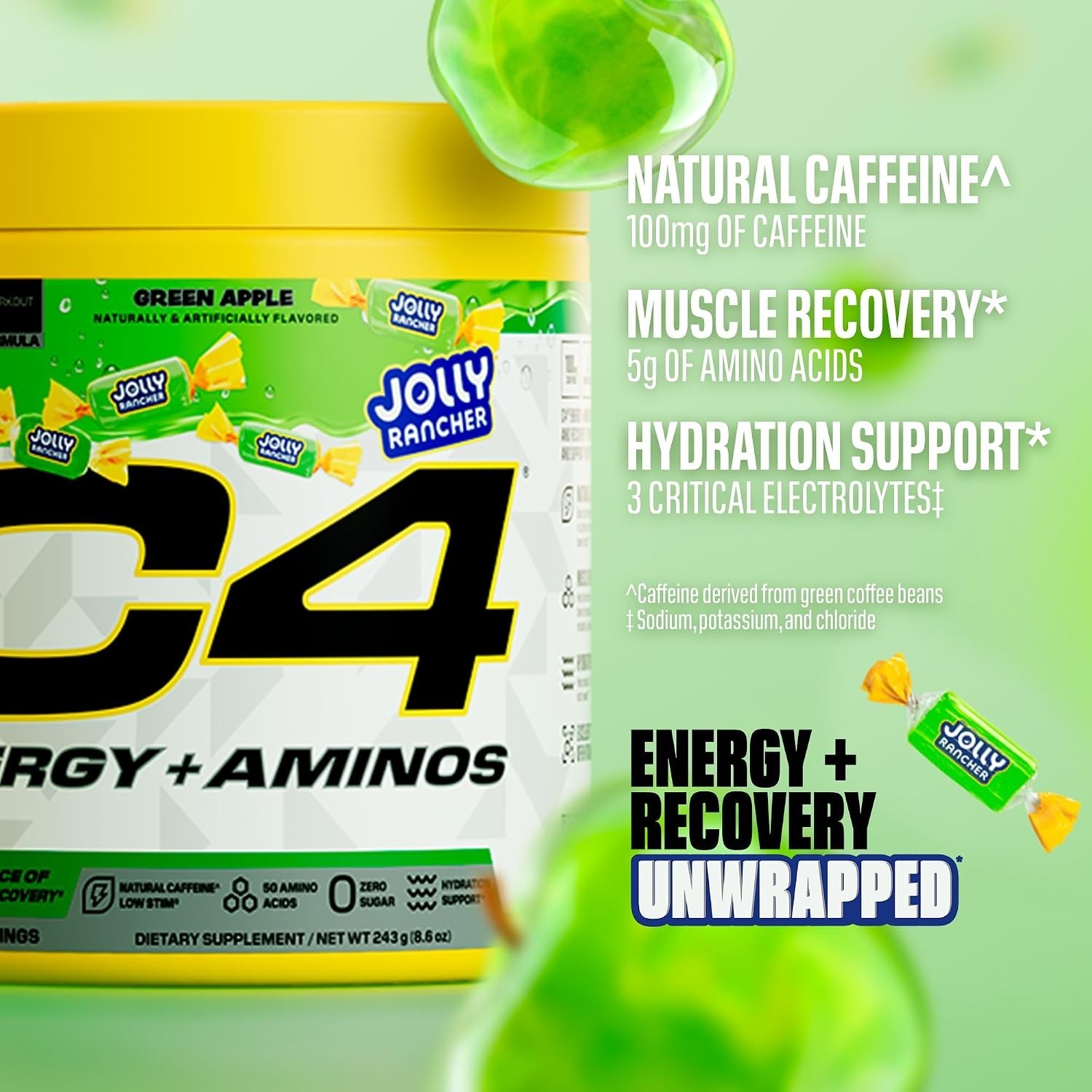 Energy and Aminos Powder 5g BCAAs EAAs Jolly Rancher Green Apple Zero Sugar 3…