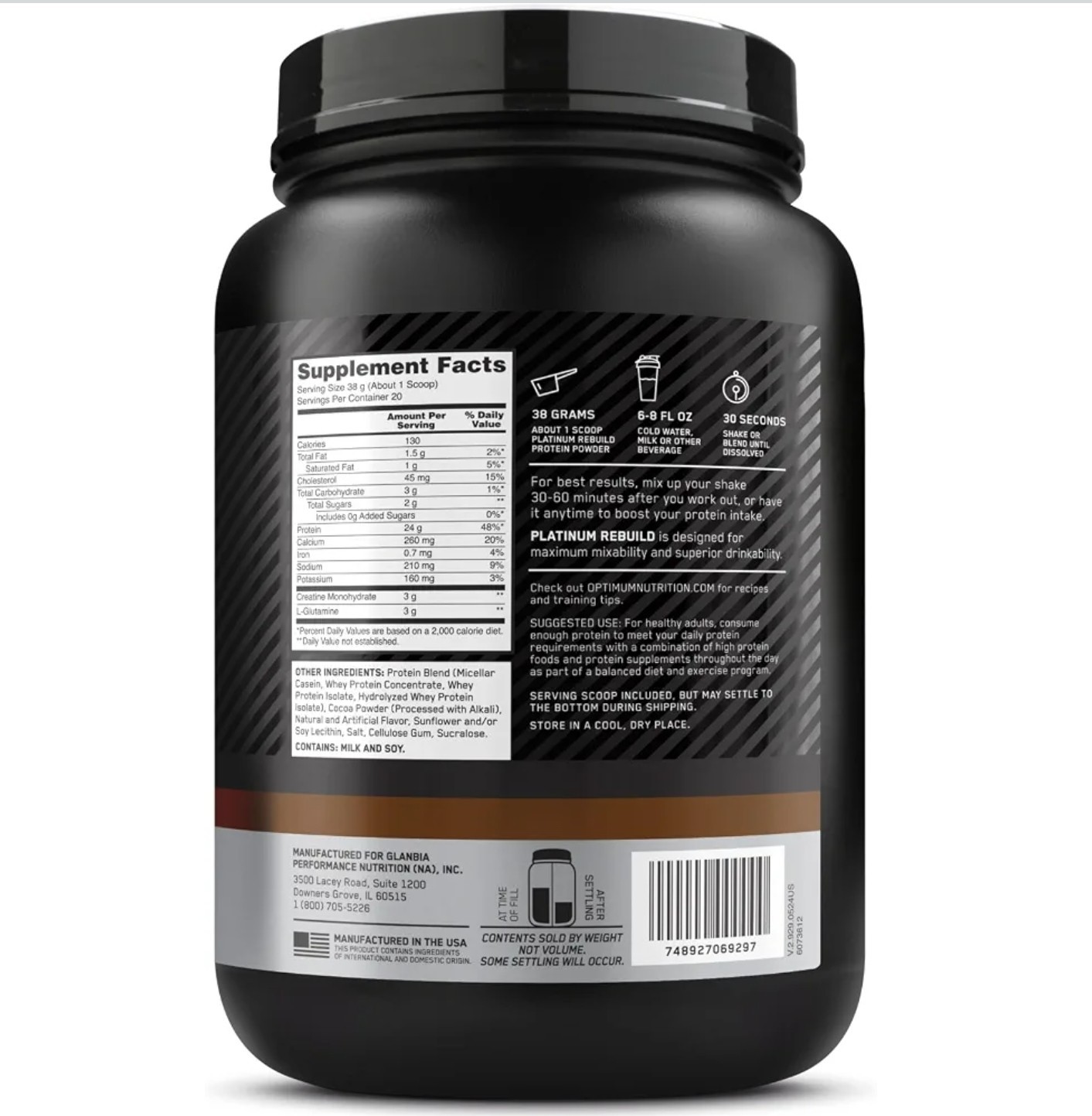 O.N. Platinum REBUILD PROTEIN W/ Crea 1.7 lbs (20 Serv) Dark Chocolate BY 12/26