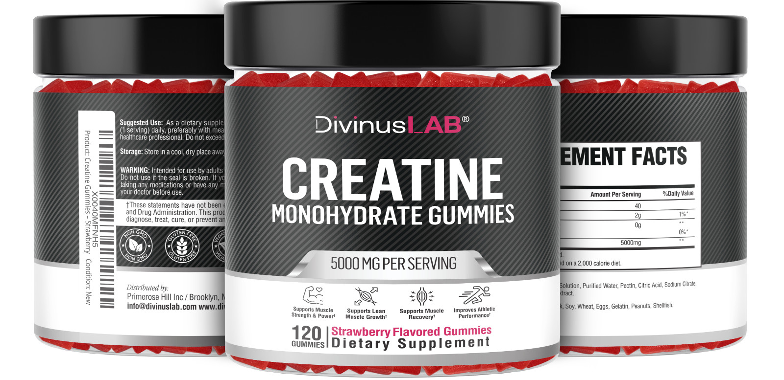 DivinusLab Creatine Monohydrate Gummies 5g Pre Workout For Building Muscle 120Ct