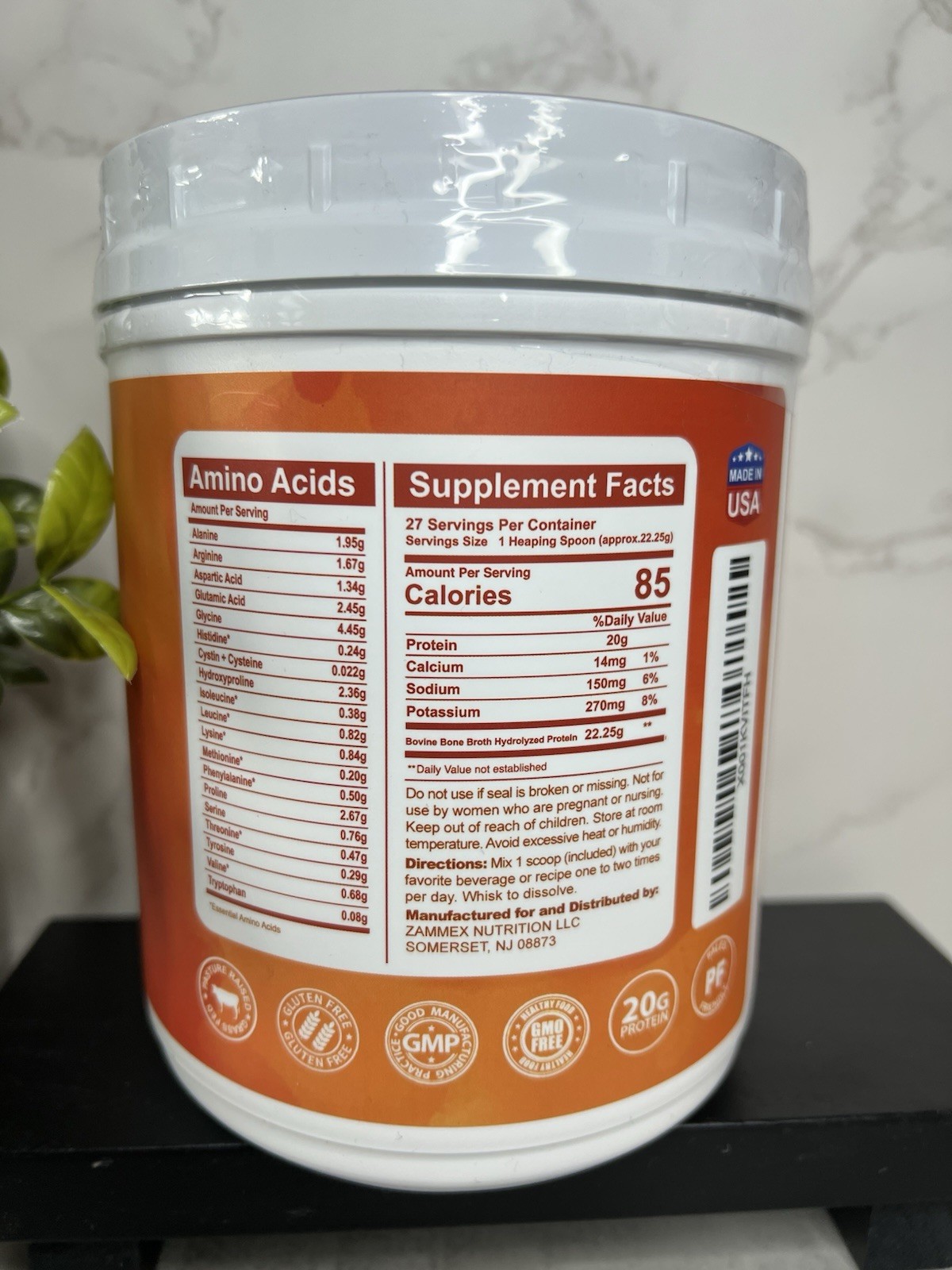 Zammex Nutrition Bone Broth Protein Powder Unflavored 27 Serv 1.32lb Exp 12/27
