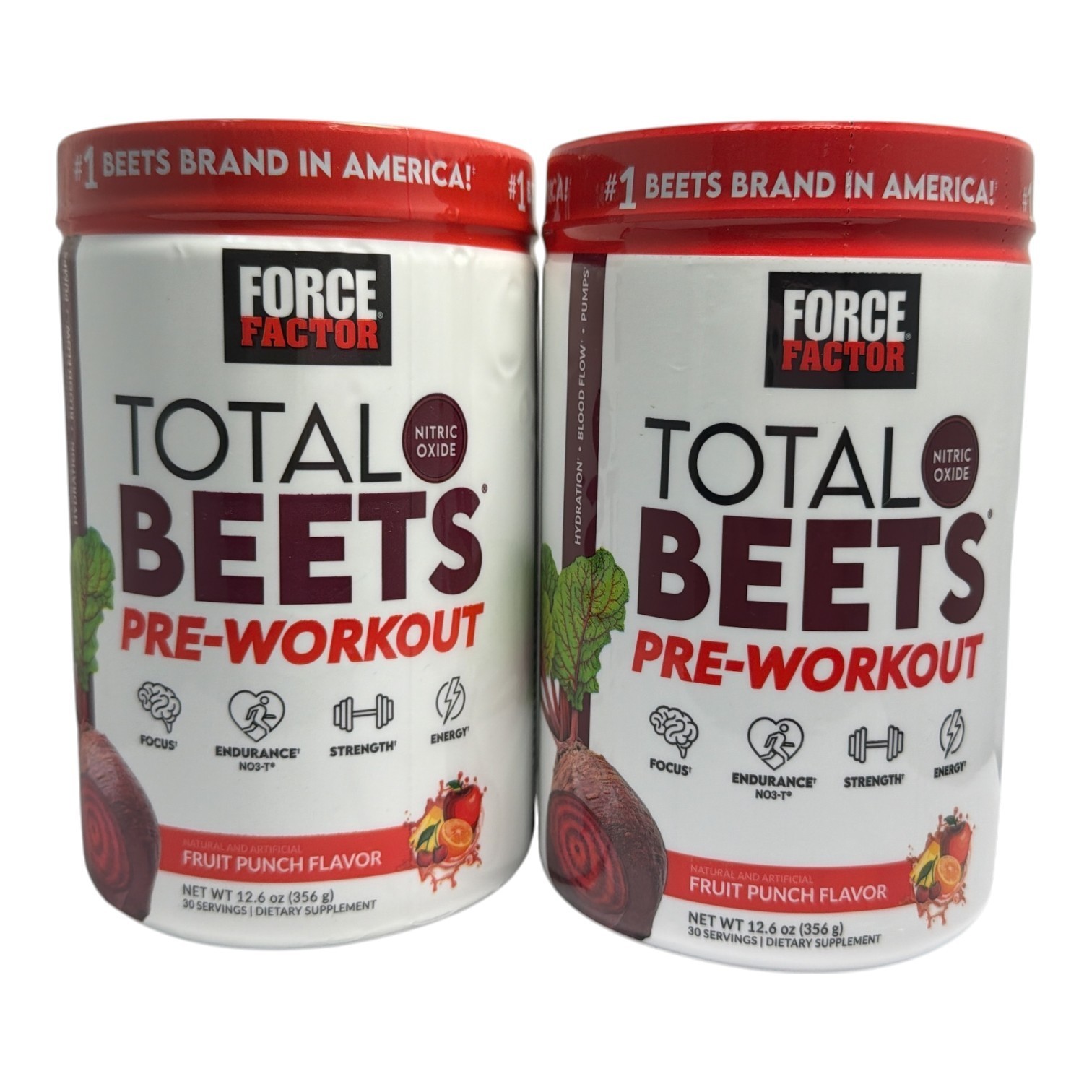 *Force Factor Total Beets Pre-Workout (Fruit Punch Flavor) 12.6oz./356g LOT OF 2