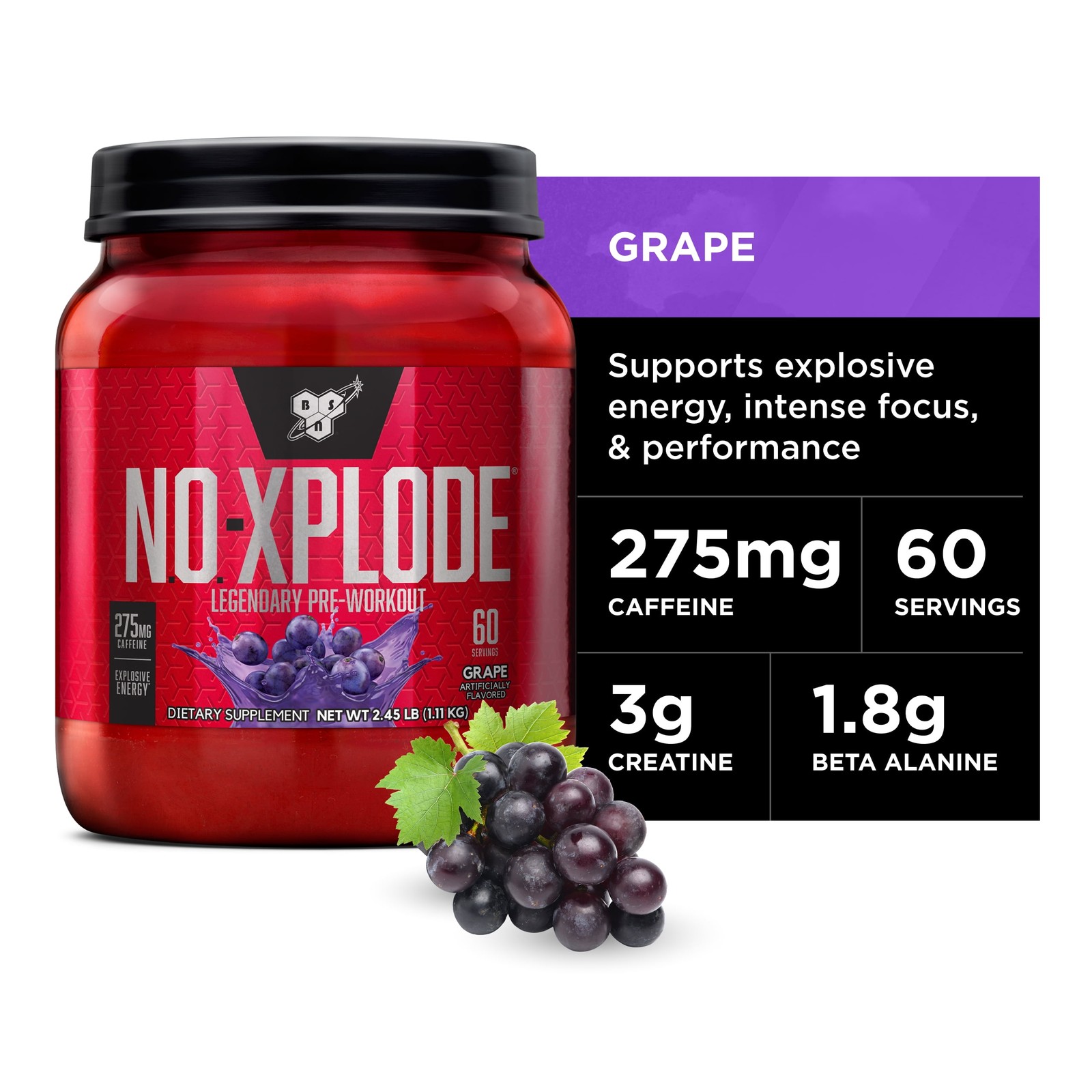 BSN N.O.-XPLODE Pre Workout Powder, Grape, 30 Servings