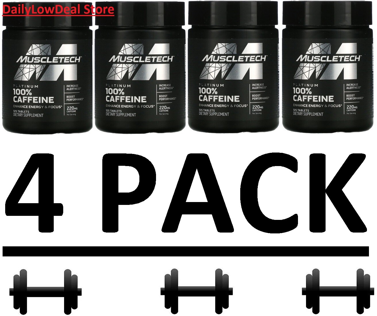 4 PACK – Muscletech Platinum 100% Caffeine, 220 mg, 125 Tabs EXP: 2027