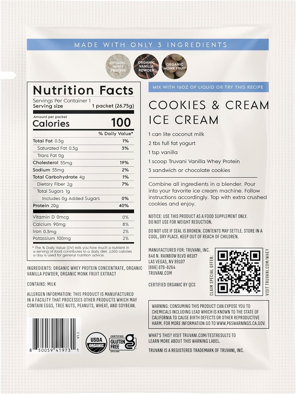 Clean Label Organic Whey Protein Vanilla 20g Grass Fed No Additives