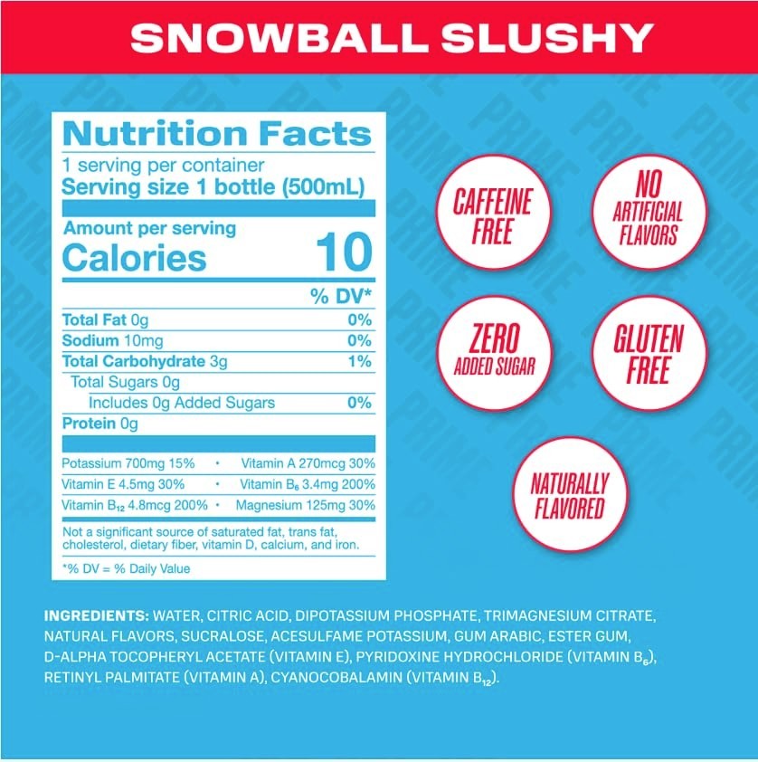 PRIME Hydration, Sports Drinks, Snowball Slushy 16.9 Fl Oz, 12 Pack
