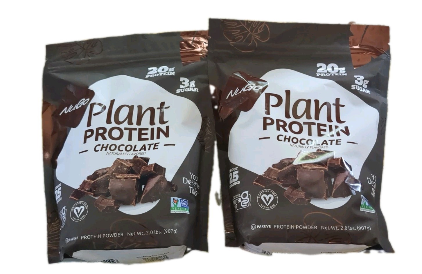 Lot of 2 NuGo Nutrition, Plant Pea Protein, Chocolate 2 lbs (907 g) Exp 01/2028