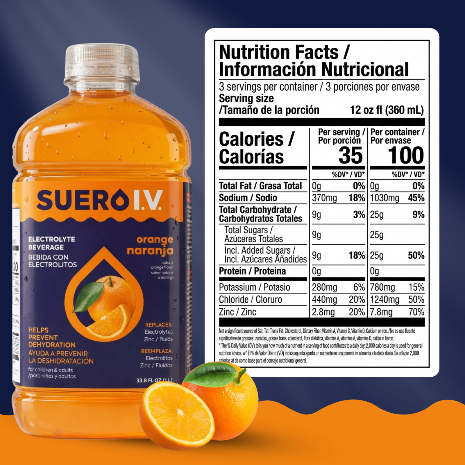 Suero I.V. Electrolyte Drink, Orange Flavor 33.8 fl oz – Hydrate