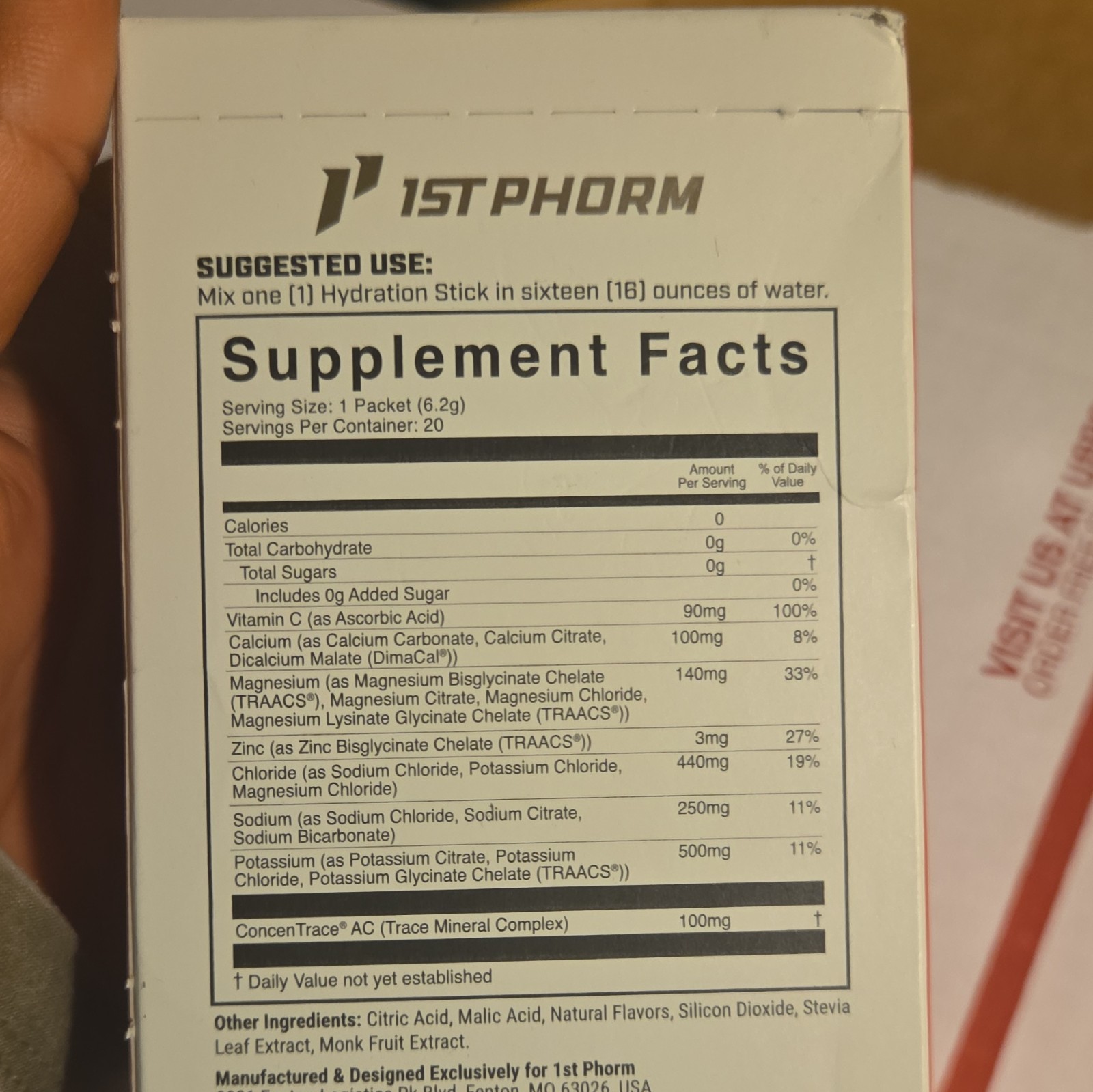 1st Phorm Hydration Sticks Electrolytes Strawberry 20 Pack Zero Cal Exp 07/27