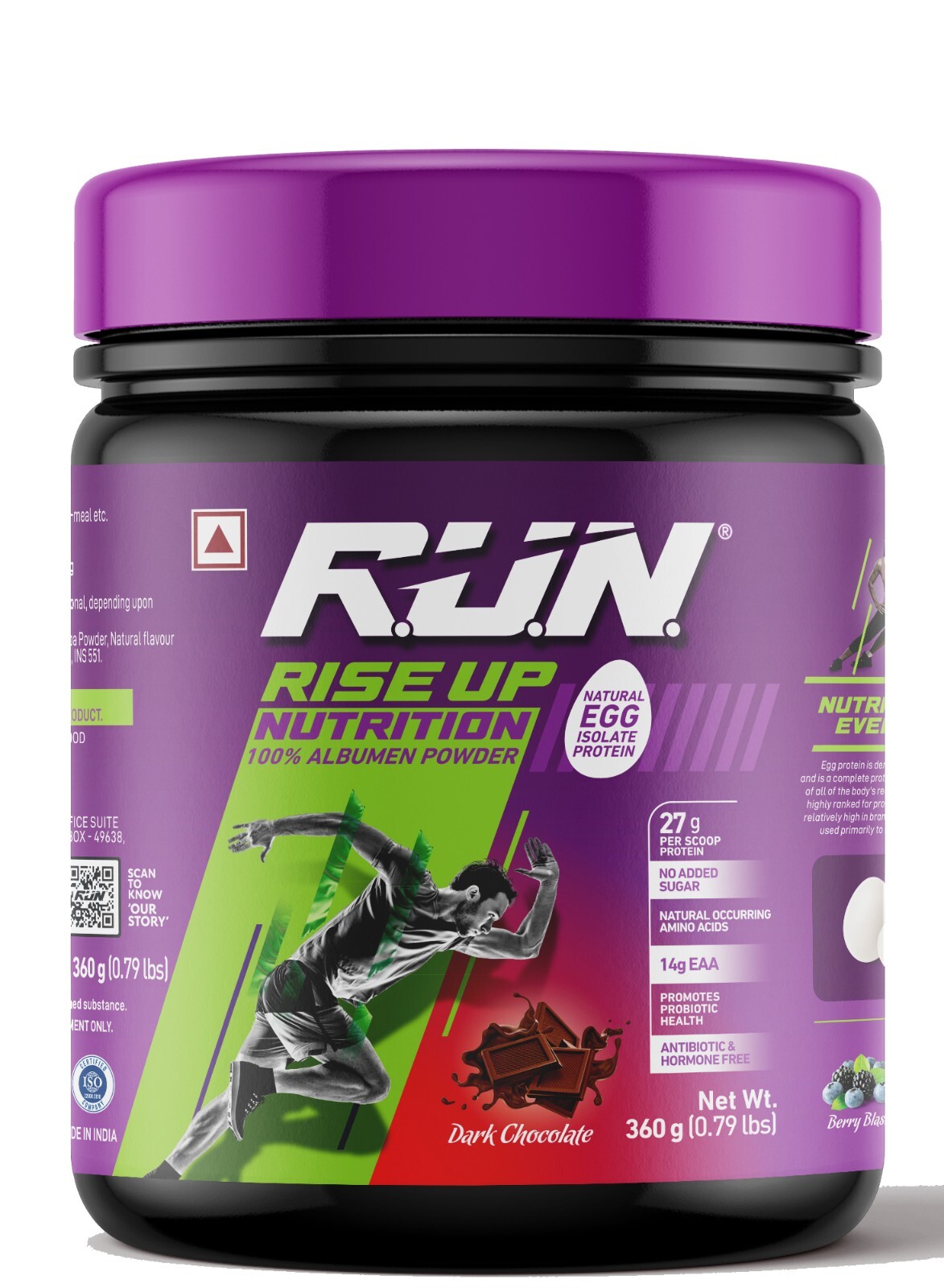 RUN Natural Egg White Protein Powder, 27g Protein, Lactose Free, 0.80 lbs/360 g
