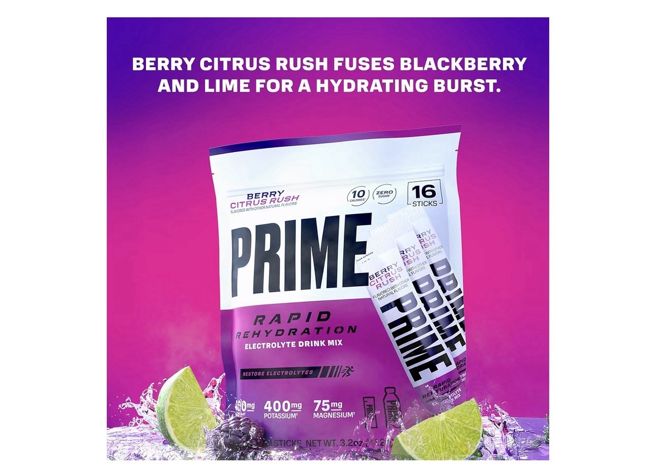 Prime Rapid Rehydration Electrolyte Drink Mix Berry Citrus Rush 16 Sticks New