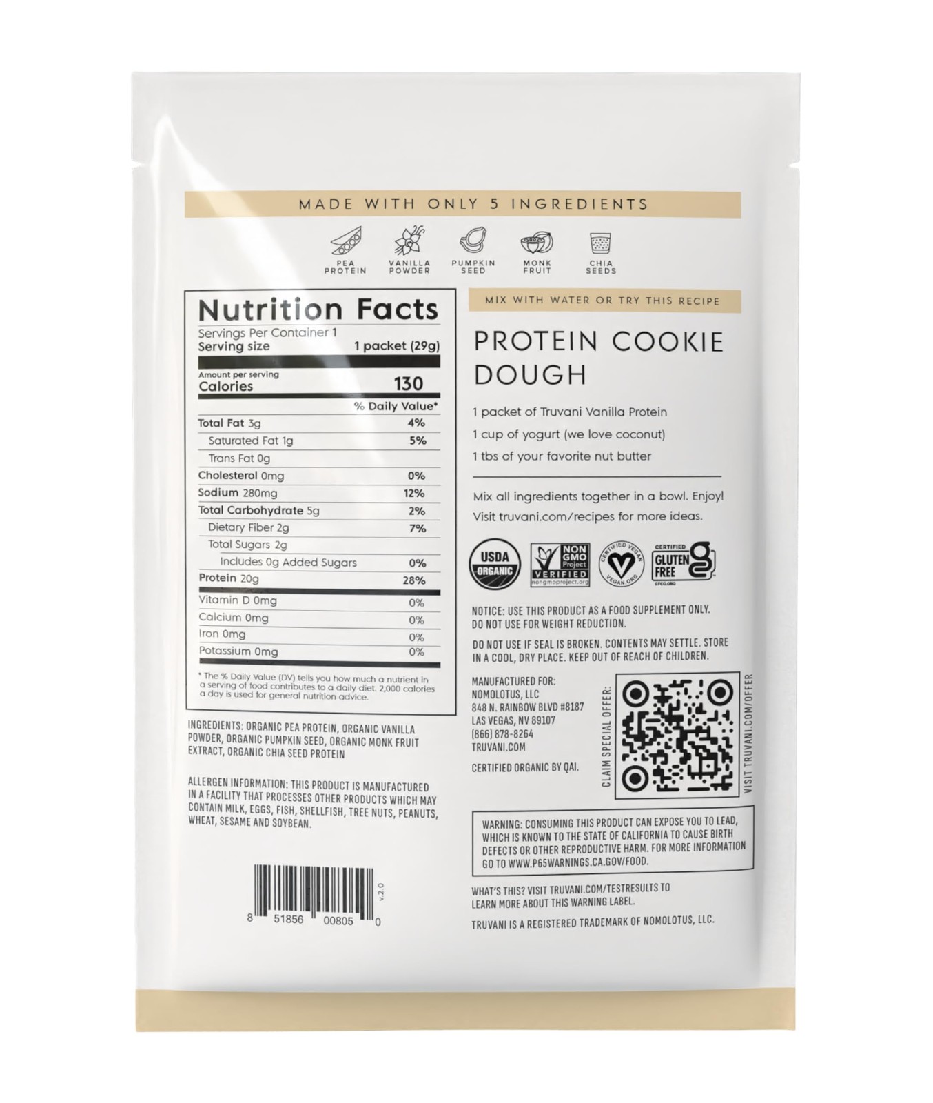 Truvani Vegan Pea Protein Powder | Vanilla | 1 Serving (Pack of 1),