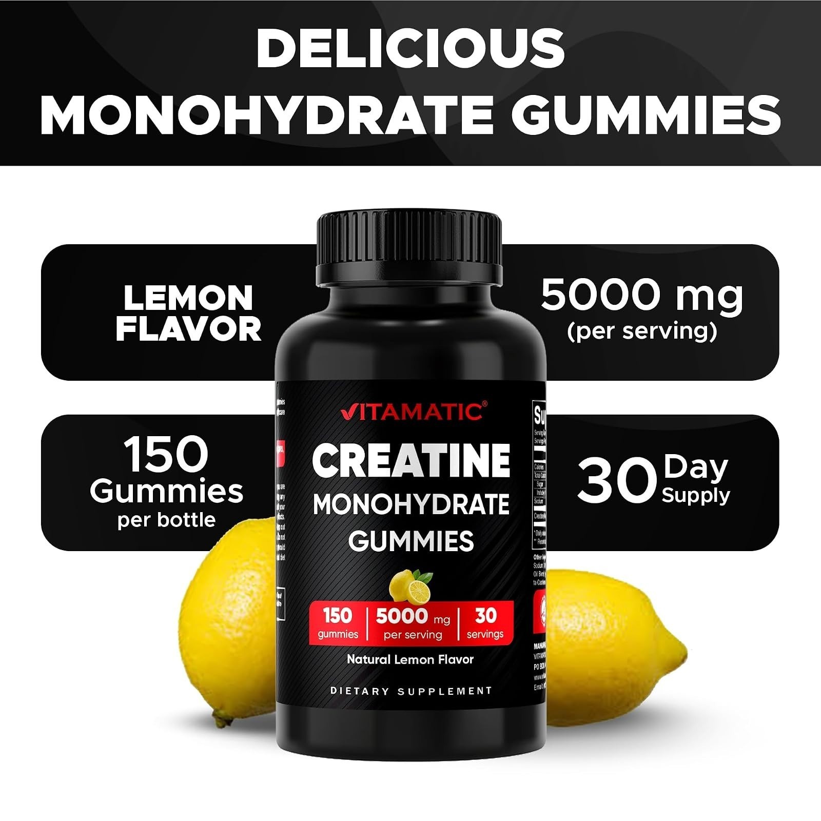 Vitamatic Creatine Gummies 5000mg – Lemon Flavor – 150 Count