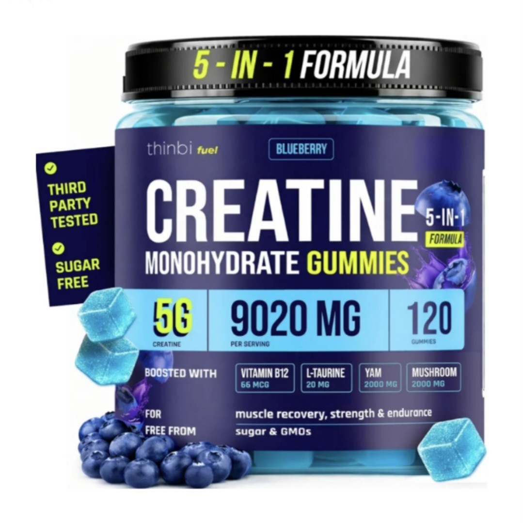 Thinbi Creatine Gummies Men & Women 9020mg 5-in-1 Complex Sugar Free Blueberry