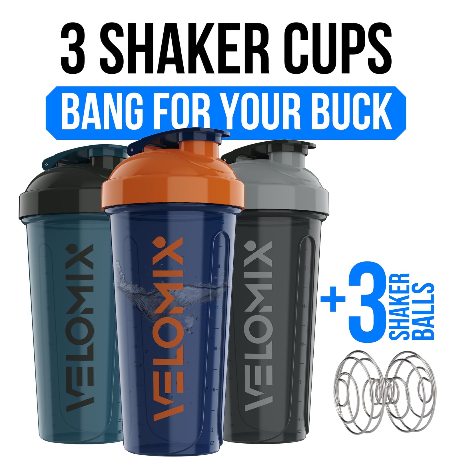 Velomix -3 Pack- 28 Oz Protein Shaker Bottle For Protein Mixes – 3X Wire Whisk