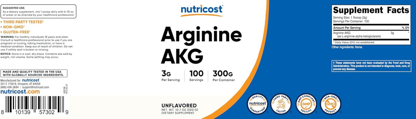 Arginine AKG Powder 300 Grams (AAKG) – 3G per Serving & 100 Servings – Pure Argi