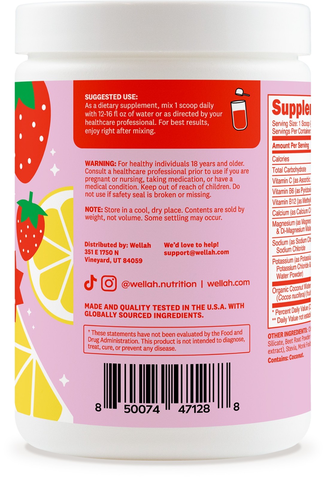 Wellah Electrolytes Powder (Strawberry Lemonade) 50 Servings – Hydration Drink