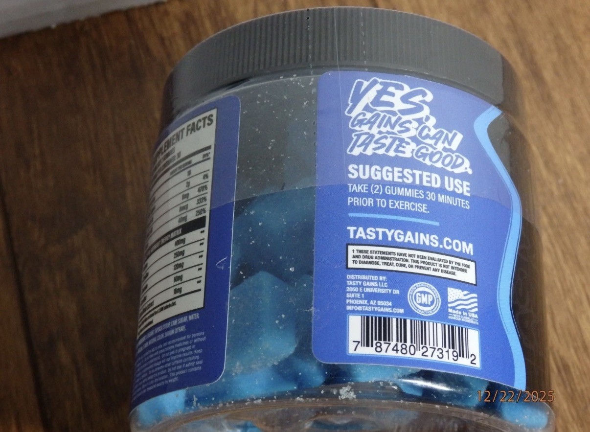 Tasty gains Pre Workout gummies Blue Raspberry exp 01/27