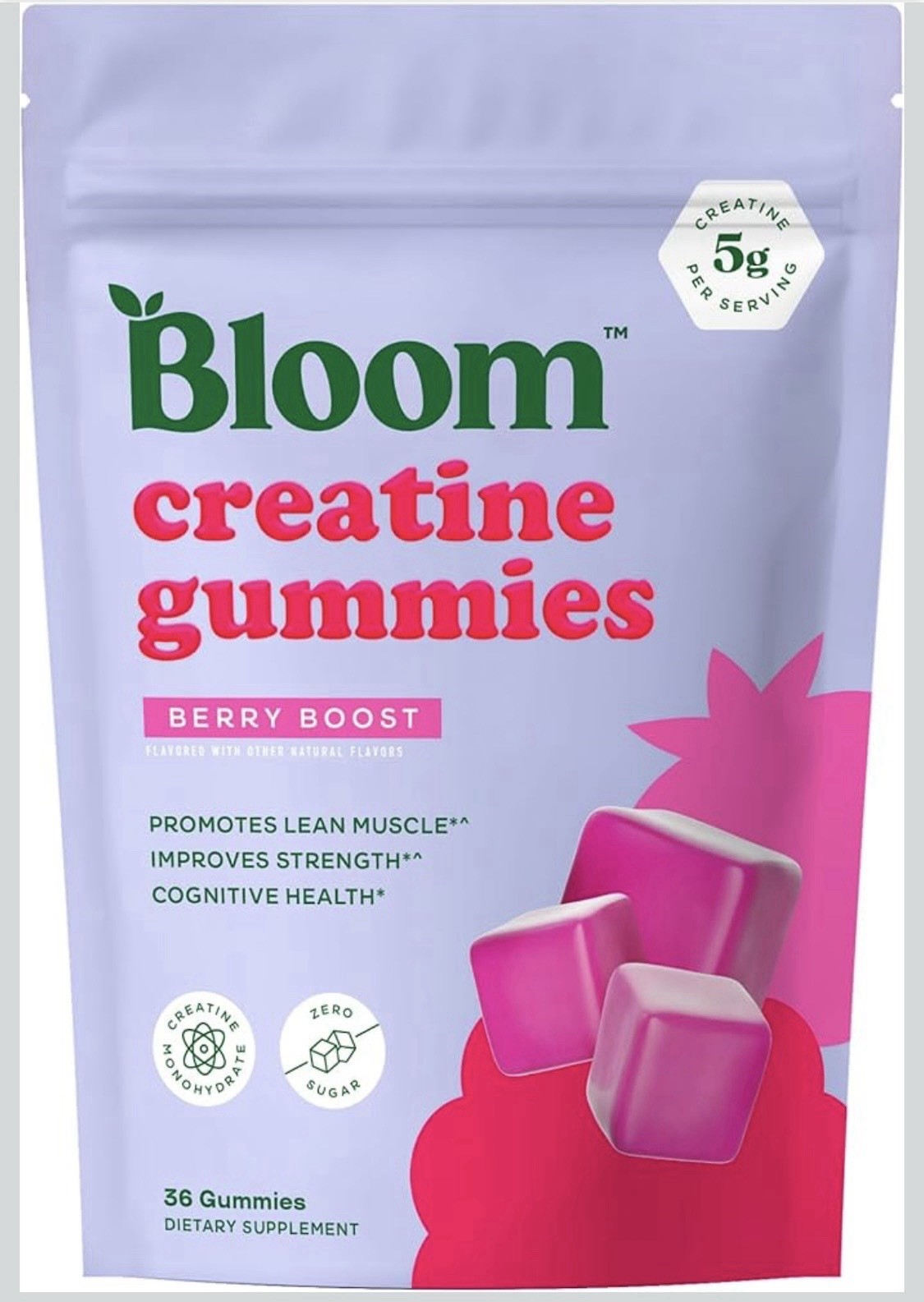 ONE PACK – Bloom Creatine Monohydrate Gummies Berry Boost 36 Count 5g Sugar-Free