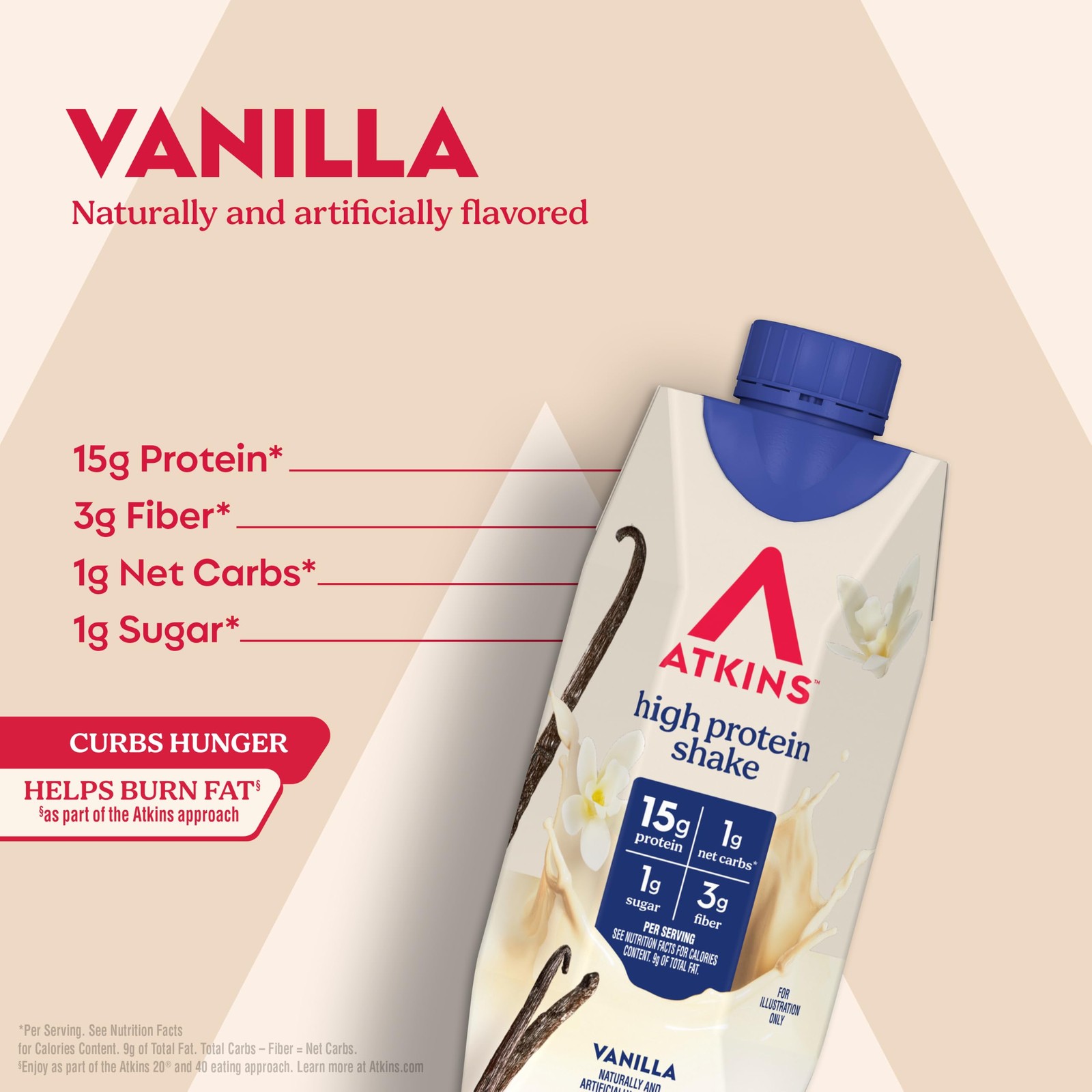Atkins Vanilla High Protein Shake, 15g 11 Fl Oz (Pack of 12), Creamy