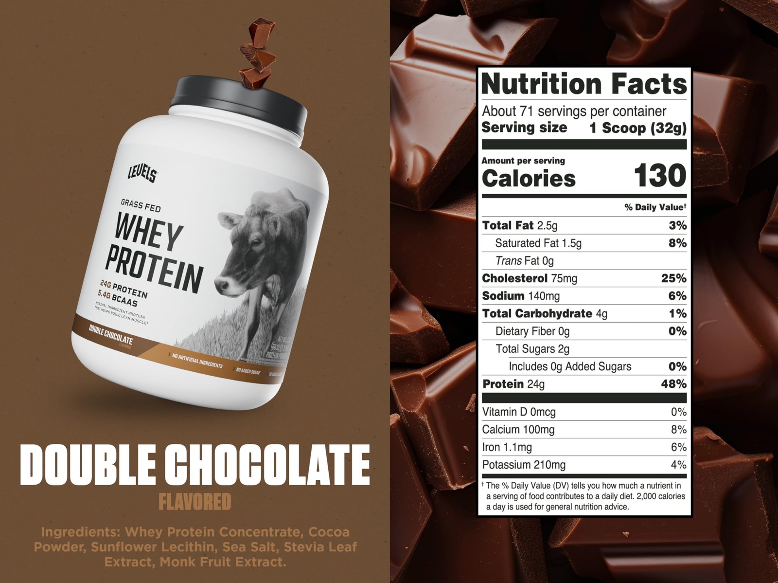 Levels Grass Fed Whey Protein Powder No Artificials 24G of Protein Double Cho…