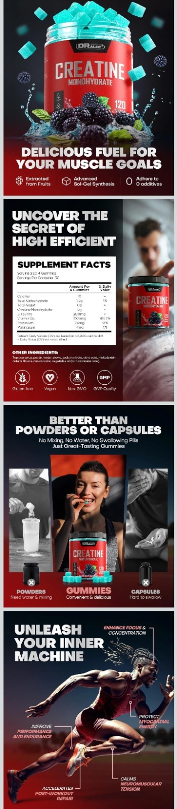 Dralot Creatine Monohydrate Raspberry Gummies 5000mg 120ct 30 Servings 16.5 oz