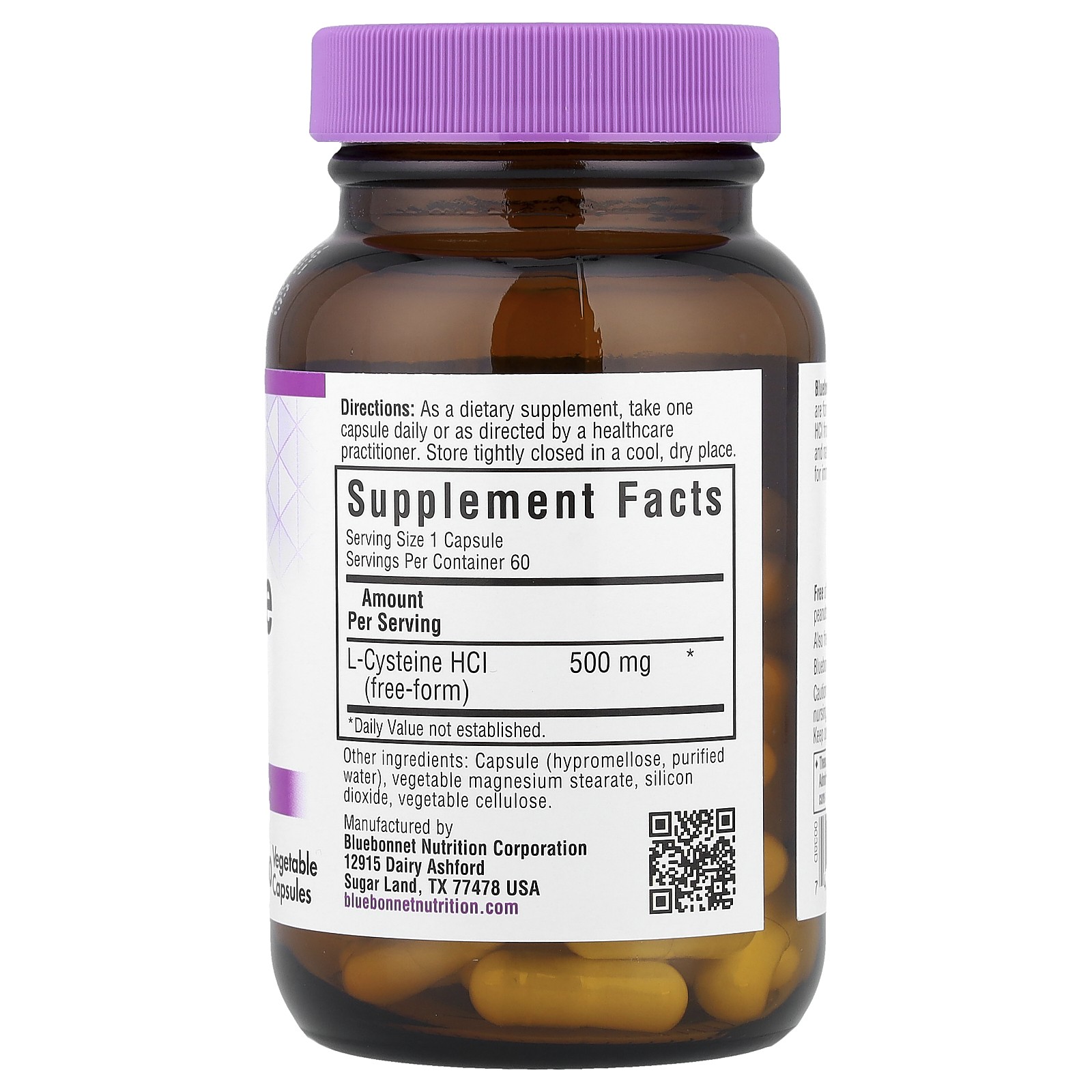 Bluebonnet Nutrition L-Cysteine 500 mg 60 Veggie Caps Egg-Free, Fish Free,