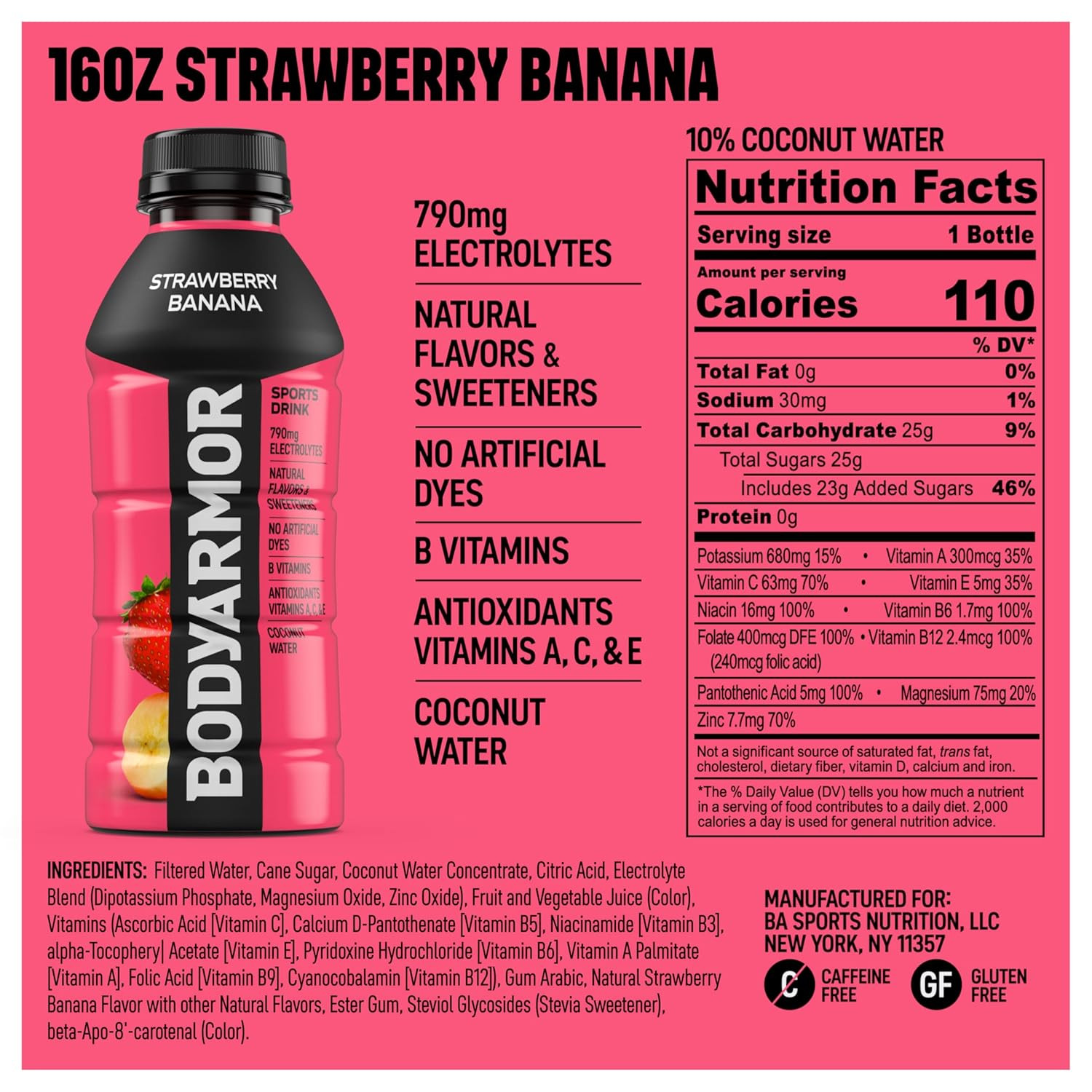 BODYARMOR Sports Drink, Strawberry Banana, Electrolyte Drink Hydration, 16 Fl Oz