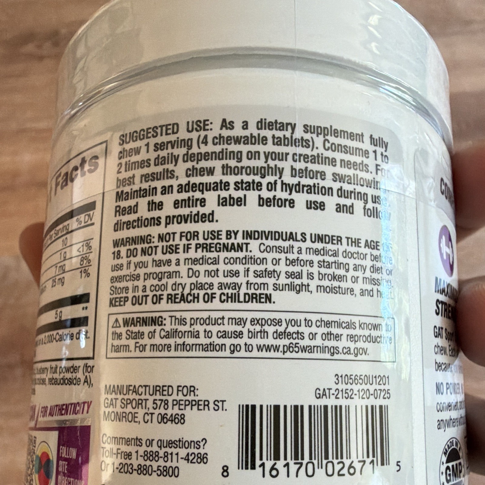 GAT Sport Creatine Chews Zero Sugar, Grape Cotton Candy 120 Tablets Exp 11/2027