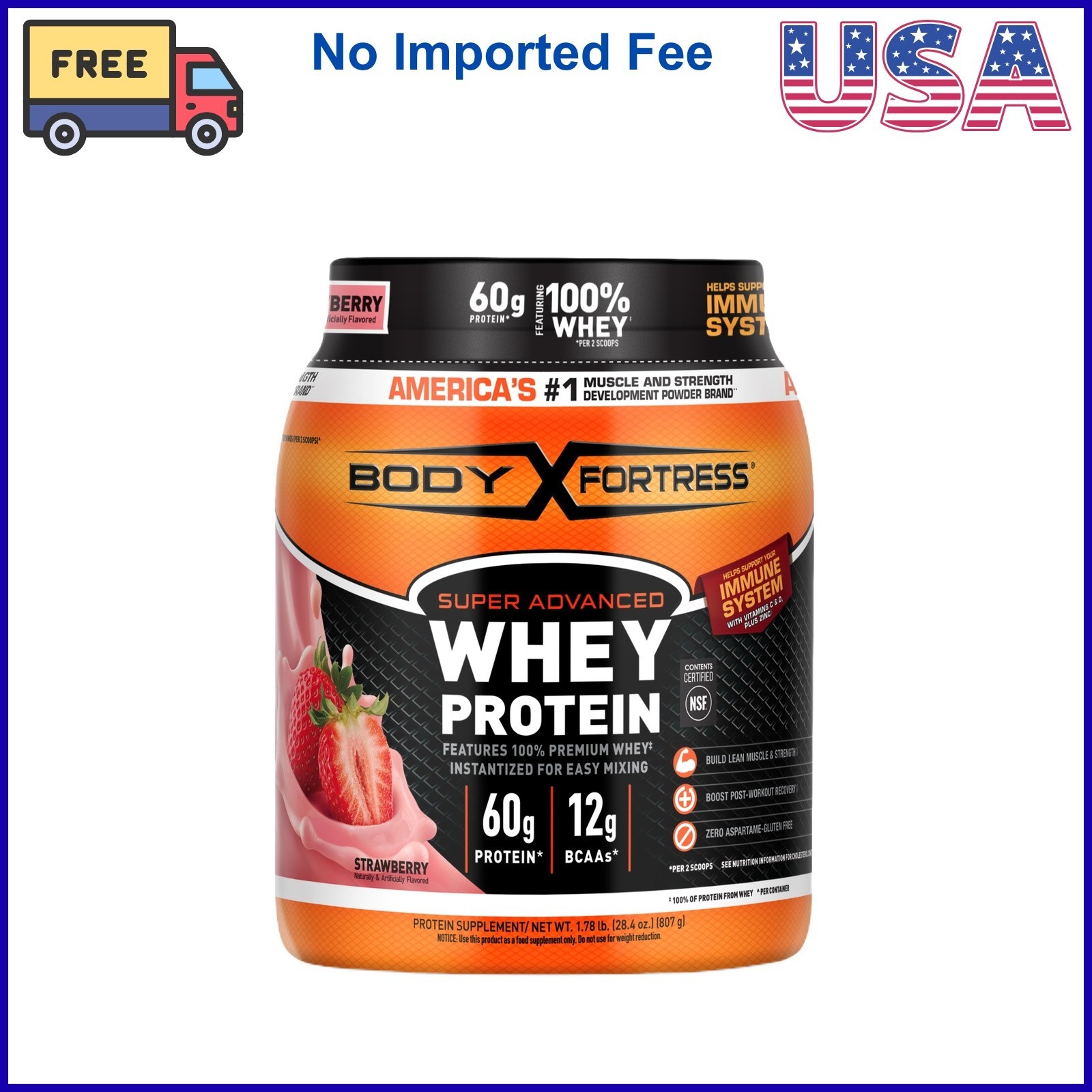 Body Fortress Super Advanced 100% Premium Whey Protein Powder, Strawberry,Single