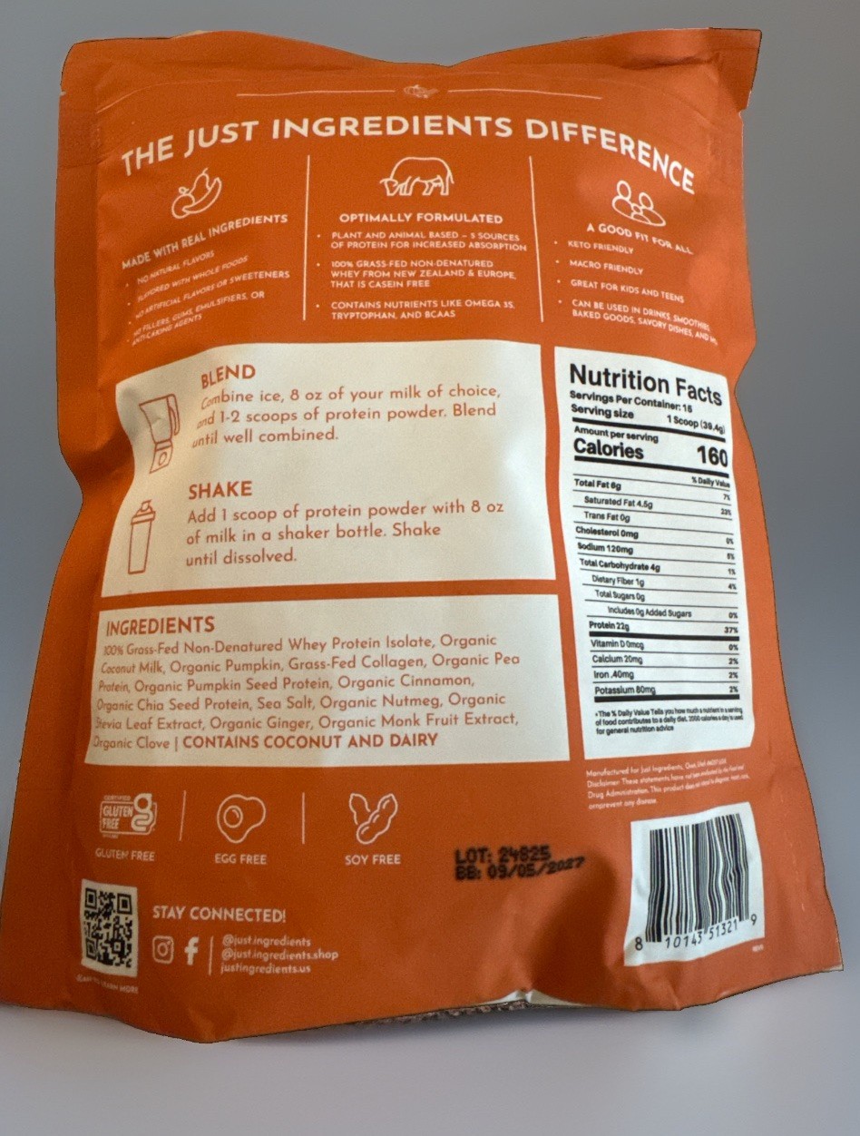 Just Ingredients – Pumpkin spice Protein powder, 1.3 Lb (20.84 Oz)