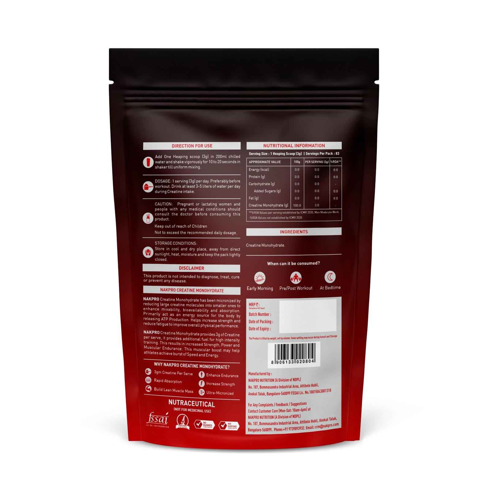 NAKPRO Micronised Creatine Monohydrate 250g | Unflavoured | 83 Servings