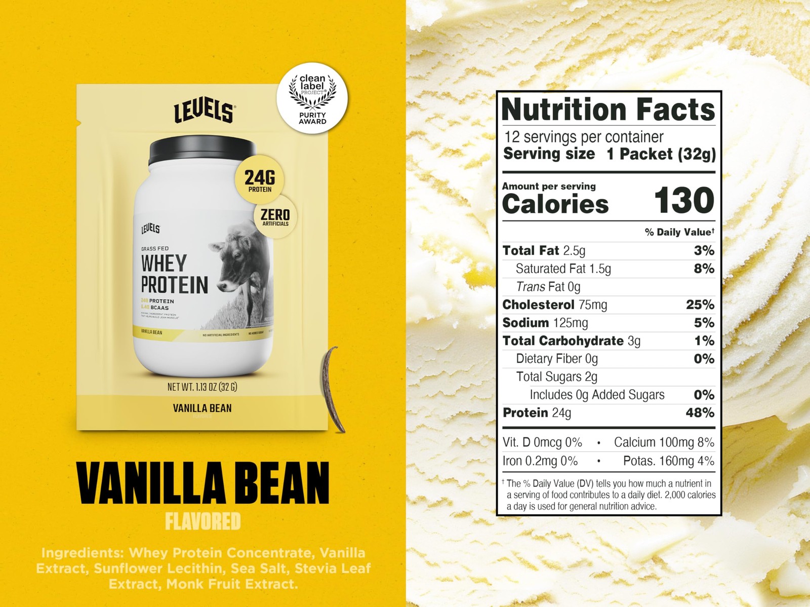 Levels Grass Fed Whey Protein Powder No Artificials 24G of Protein Vanilla Be…