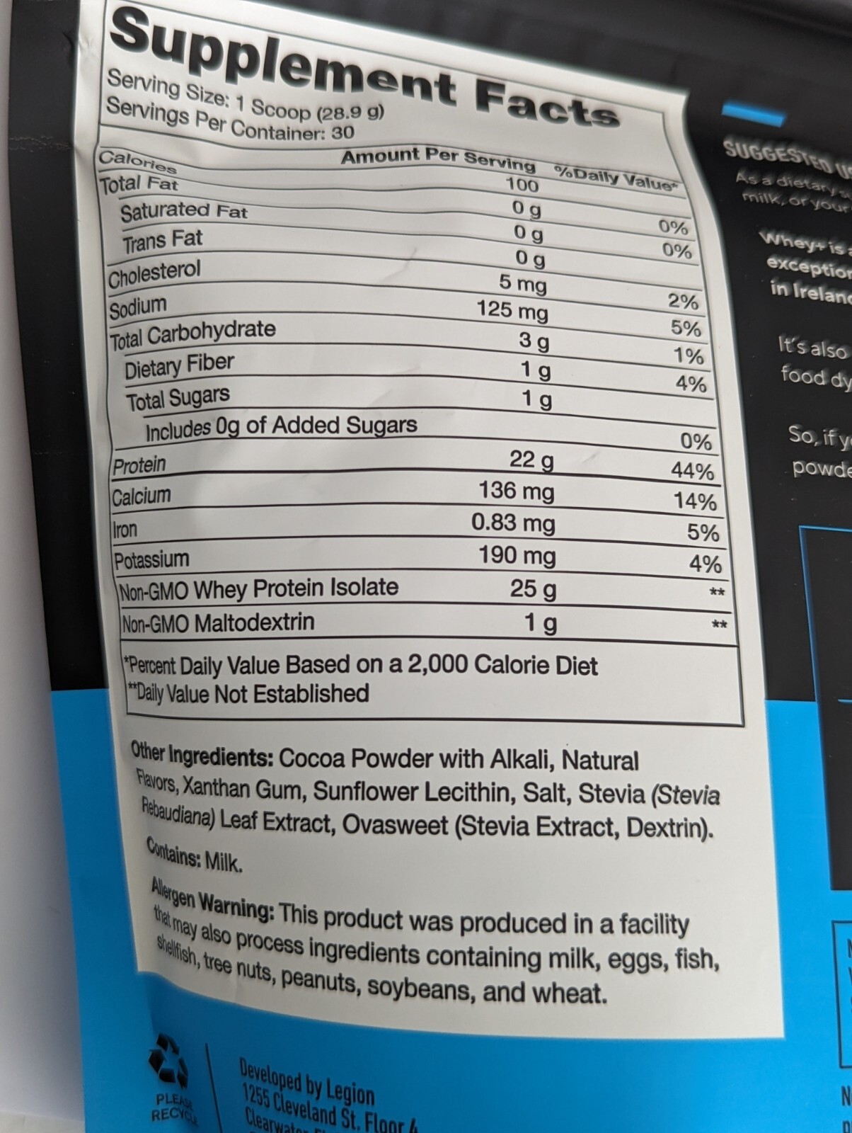 Legion Whey Protein Powder – Dutch Chocolate – 30 Servings – 1.91 Lbs EXP 02/26
