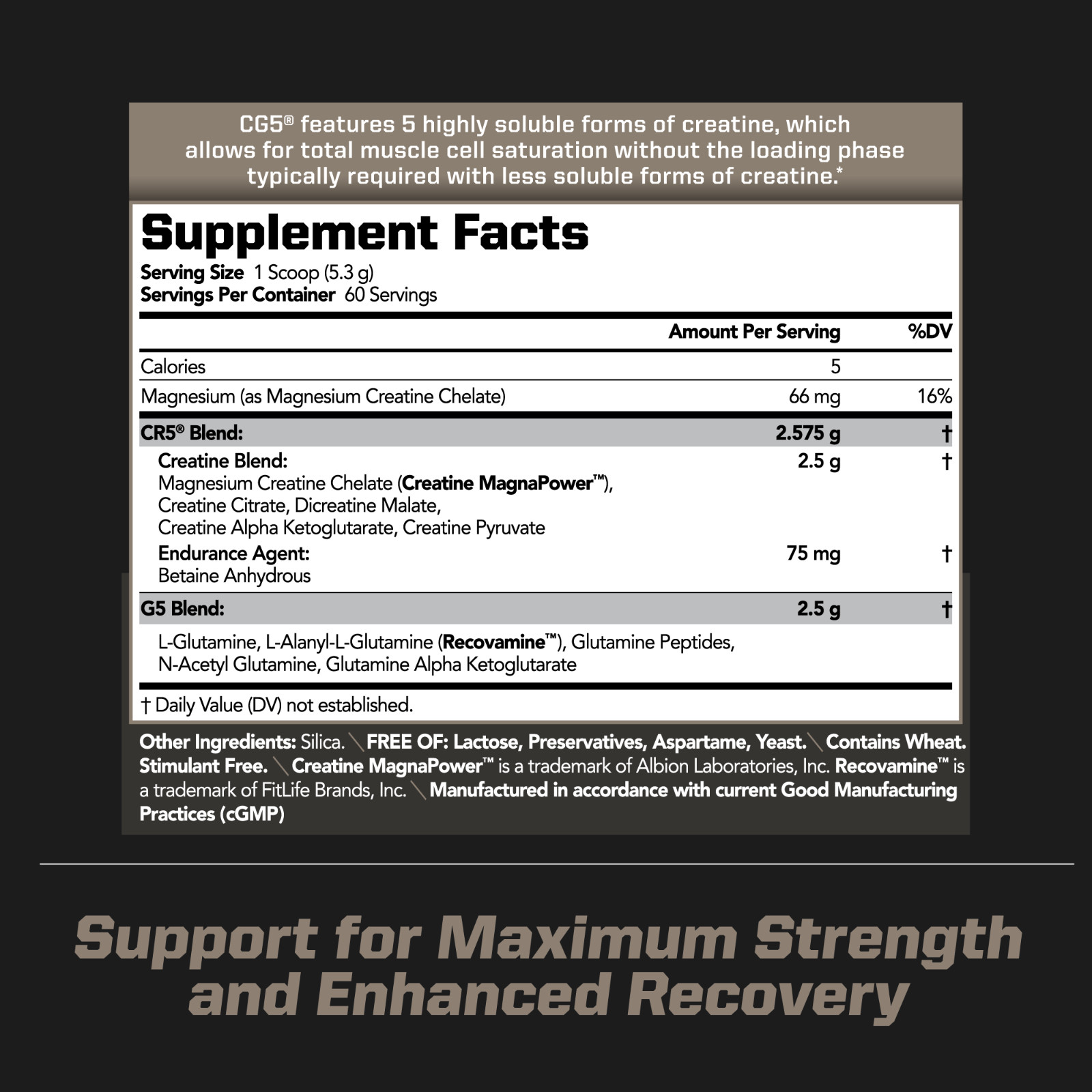 CG5 -Creatine/Glutamine Formula Strength, Power & Recovery – Unflavored 60 Serve