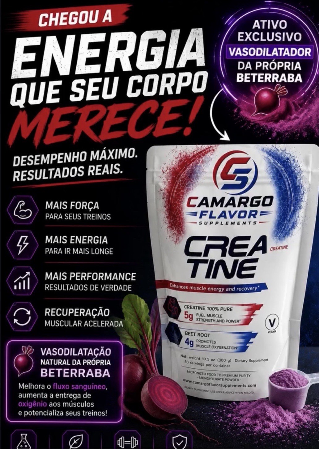 Camargo Flavor Supplements Creatine + Beet Root Powder Unflavored 10.5oz Vegan