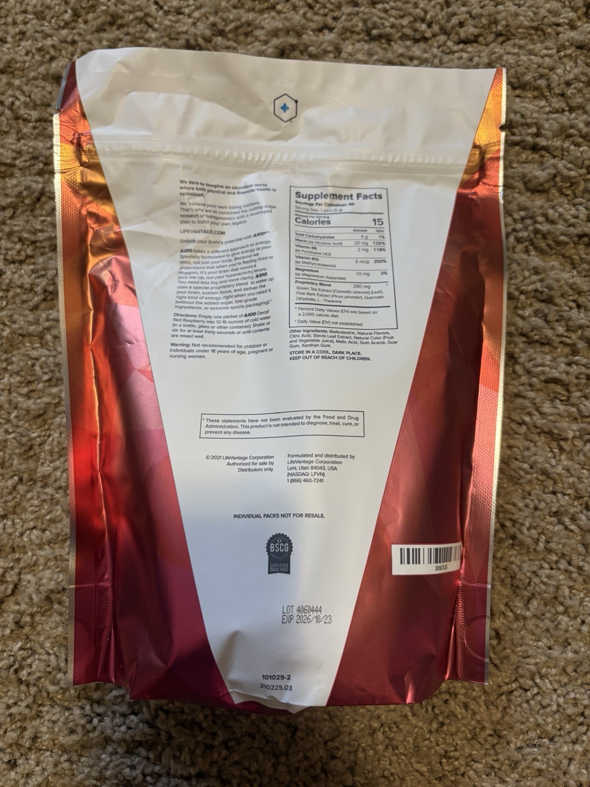 LifeVantage AXIO Decaf Red Raspberry Energy Electrolyte Powder Mix 30 Sticks