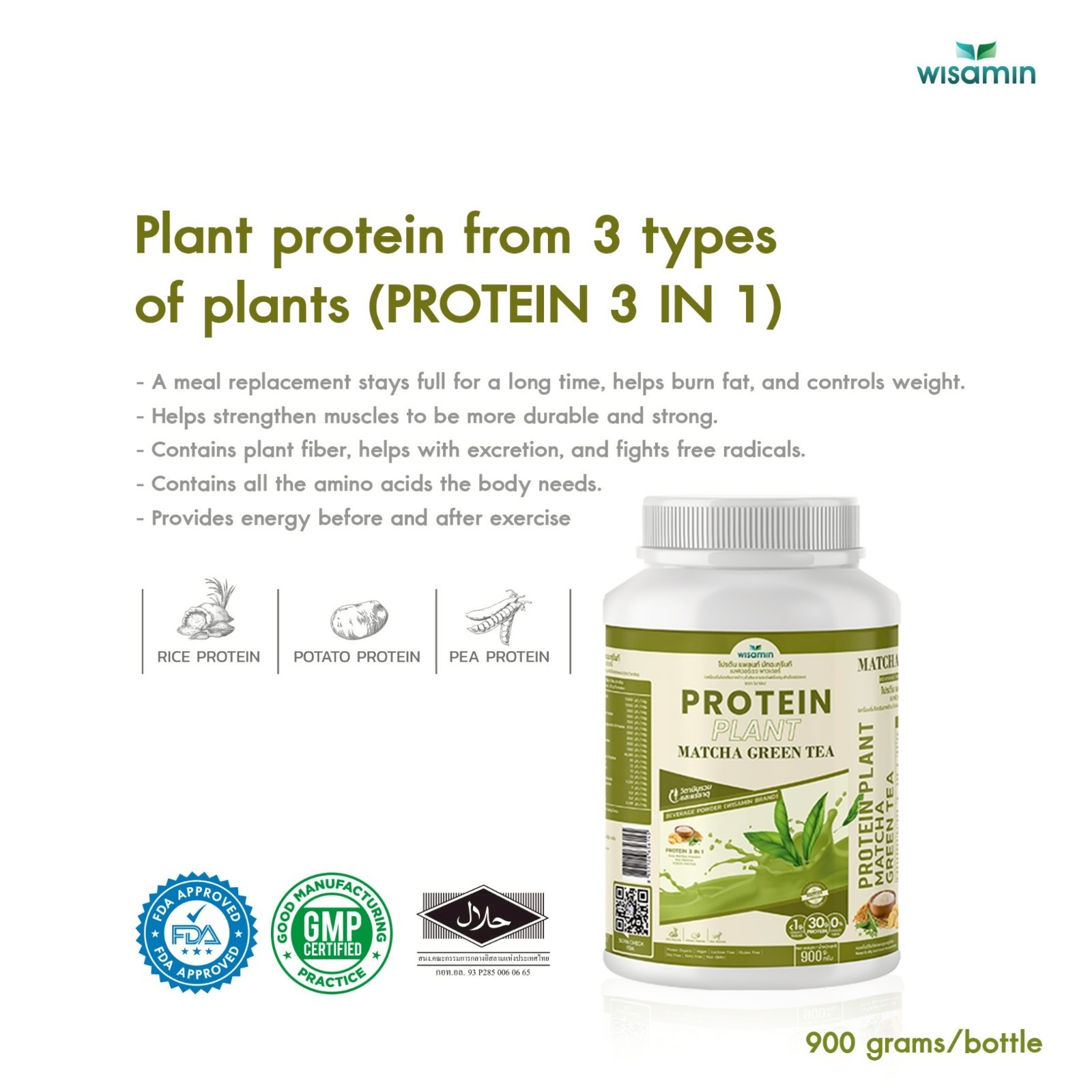 WISAMIN Plant Protein Matcha Flavor 900g | 30g Protein, Organic, Vegan, Non GMO