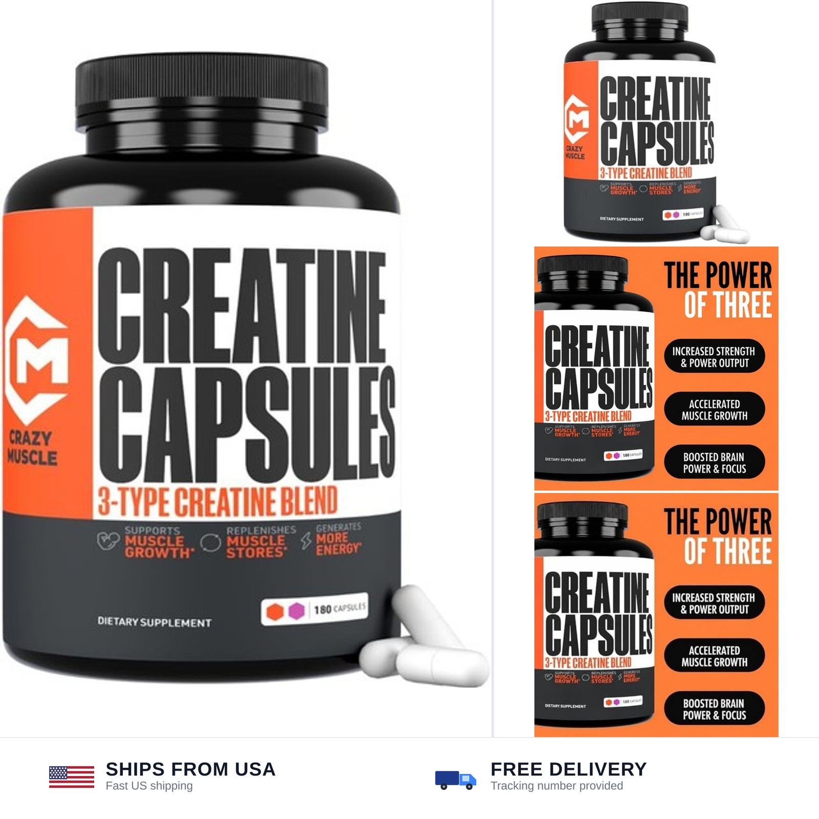 Crazy Muscle ThreeAtine Creatine Monohydrate Capsules 5g Pure, 3X Formula Pre…