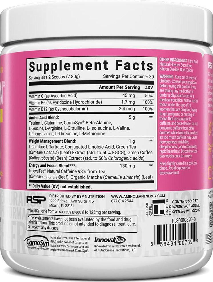 RSP NUTRITION AminoLean Pre Workout Powder – Energize Your Workouts with Pink