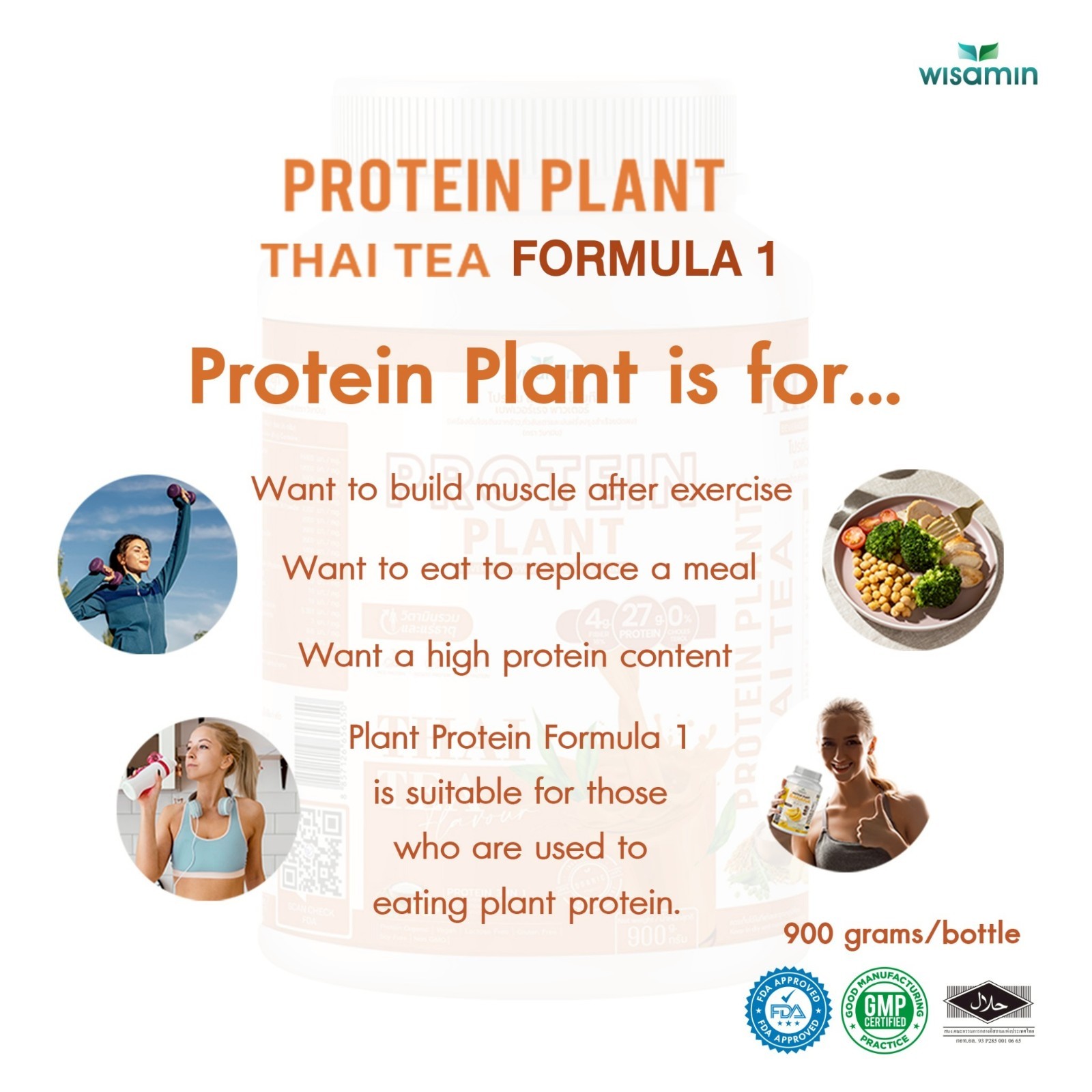 WISAMIN Plant Protein Powder Thai Tea Flavor 900g | 27g Protein Organic Non GMO