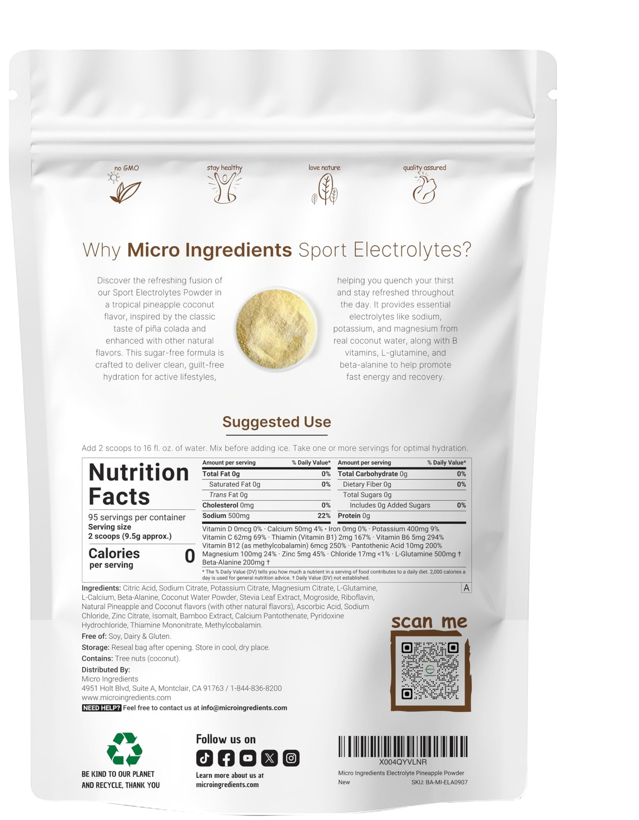 Micro Ingredients Electrolytes Powder, 2 lbs | 95 Servings | Sugar Free Workout