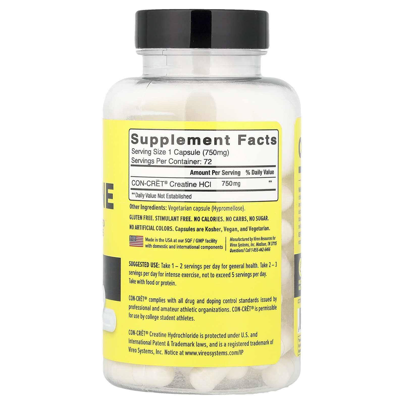 Con-Cret Creatine HCl, 750 mg, 72 Capsules