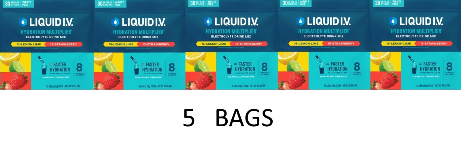 Liquid IV Hydration Multiplier Electrolyte STRAWBERRY LEMON LIME 30 Pkts 5 BAGS