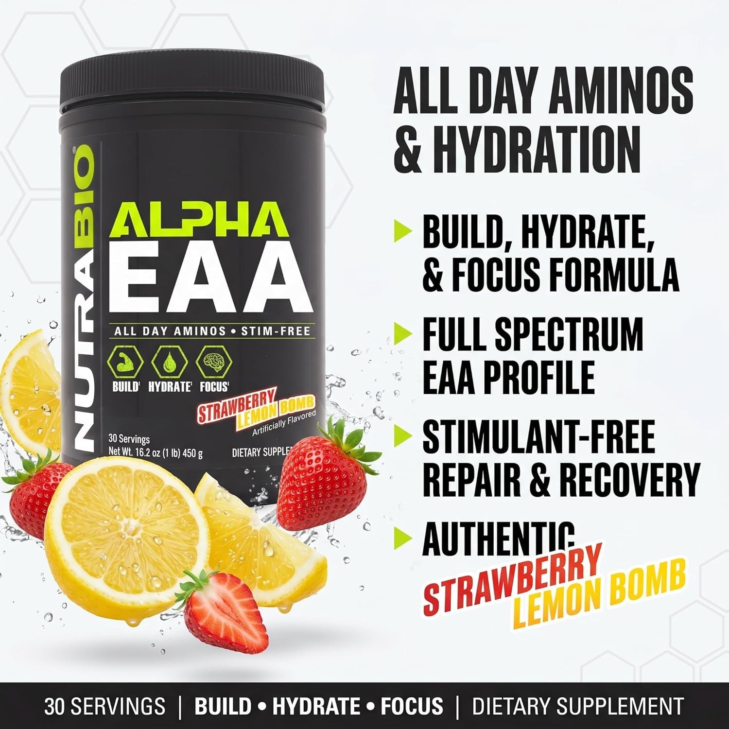 NutraBio Alpha EAA – All-Day Amino Acids for Muscle Growth and Hydration –