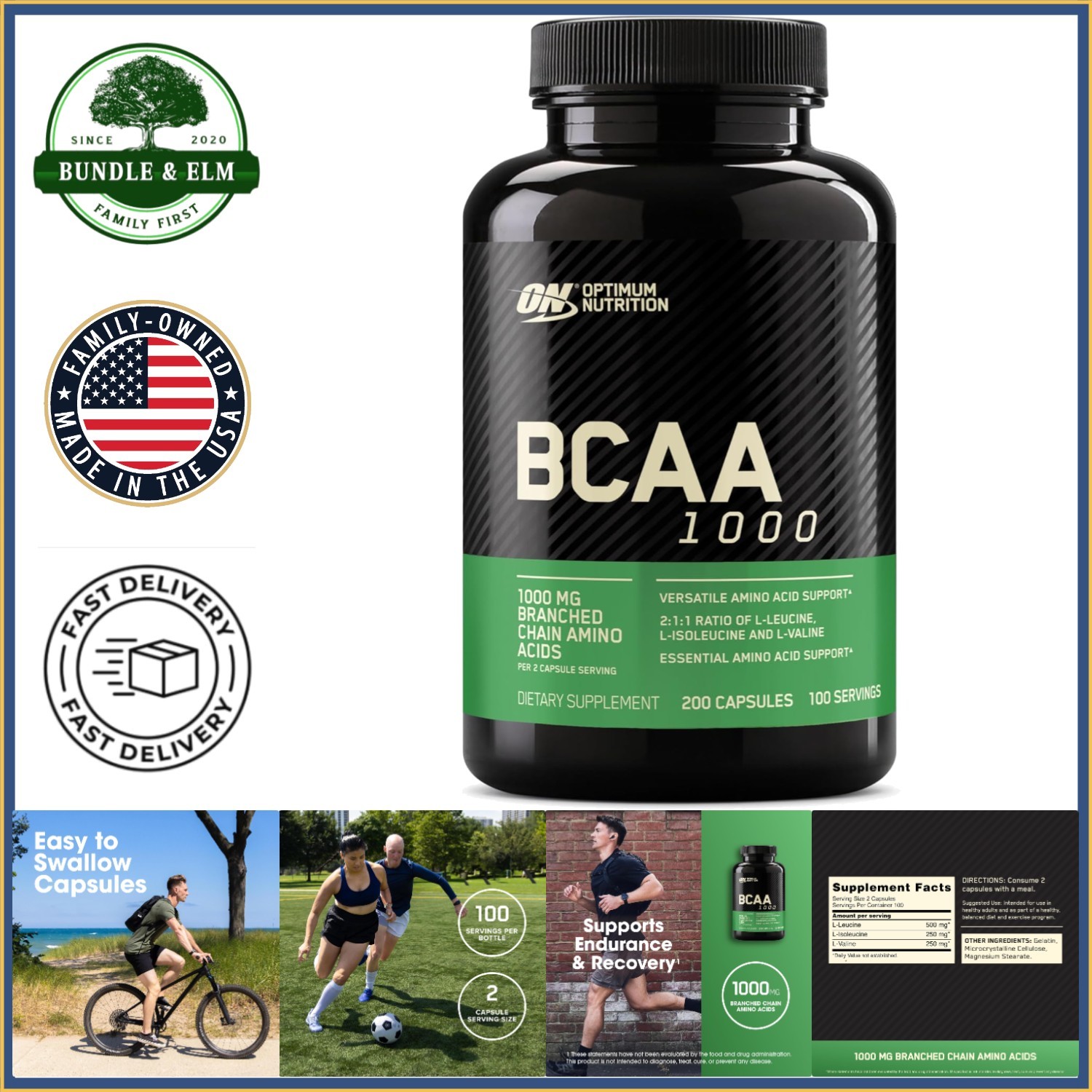 BCAA Amino Acids Capsules for Muscle Recovery, 1000mg, 200 Count Bottle