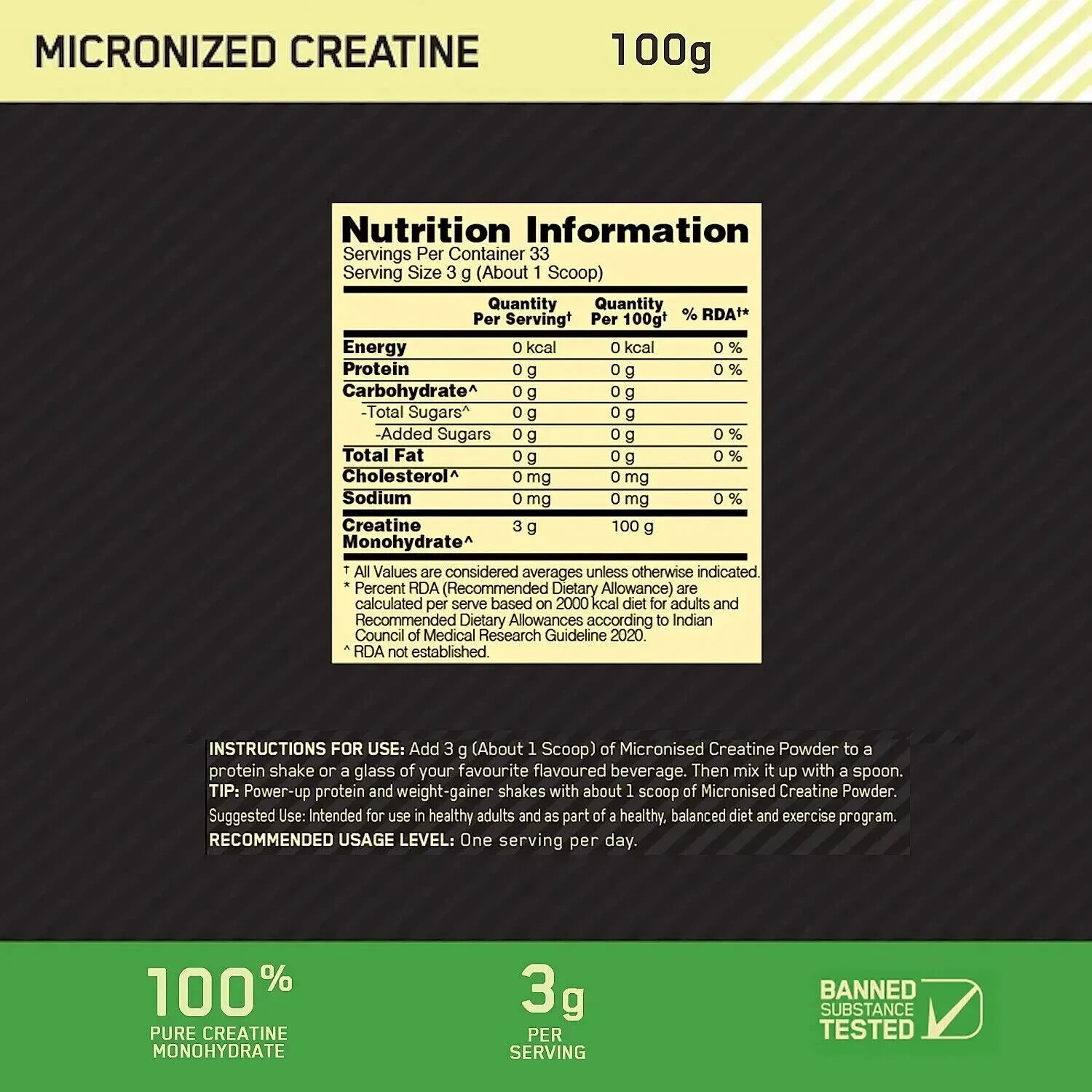 Optimum Nutrition (ON) Micronized Creatine Powder 100gm 83 Serves Unflavoured