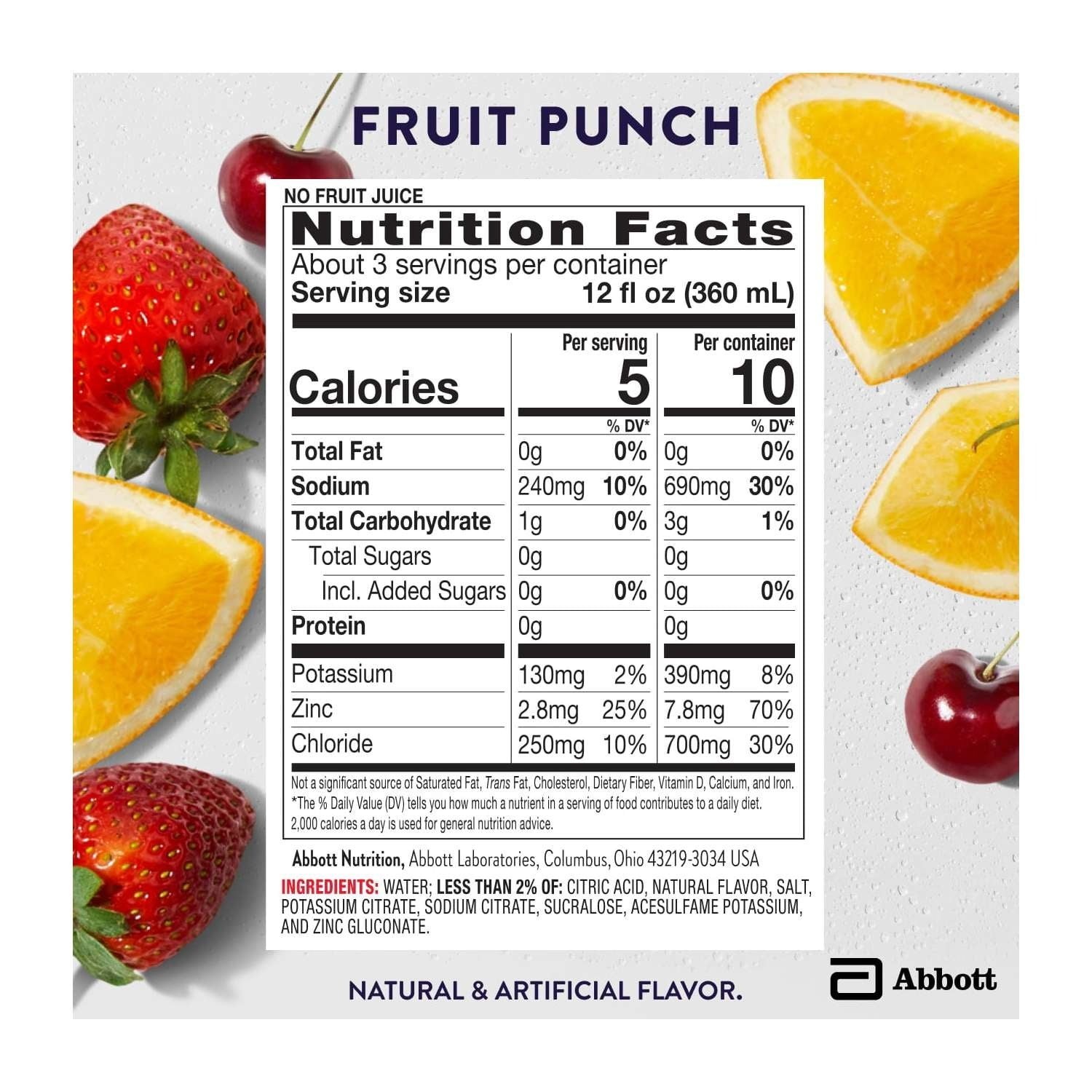 Pedialyte Zero-Sugar Electrolyte Drink, Fruit Punch Flavor, 1 Liter