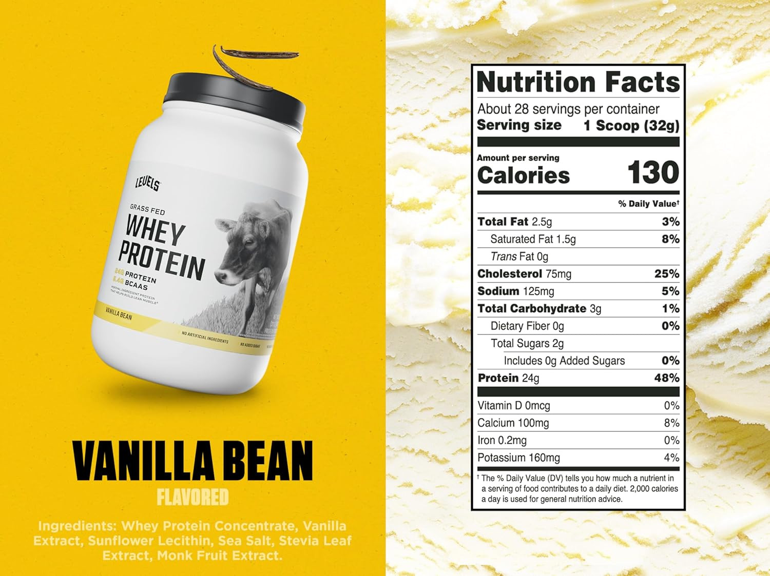Levels Grass Fed Whey Protein Powder, No Artificials, 24G of Protein, Vanilla Be