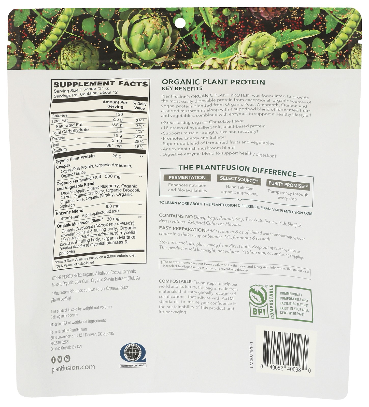 Plantfusion Organic Chocolate Plant Protein Powder 18 Grams 1 Pack