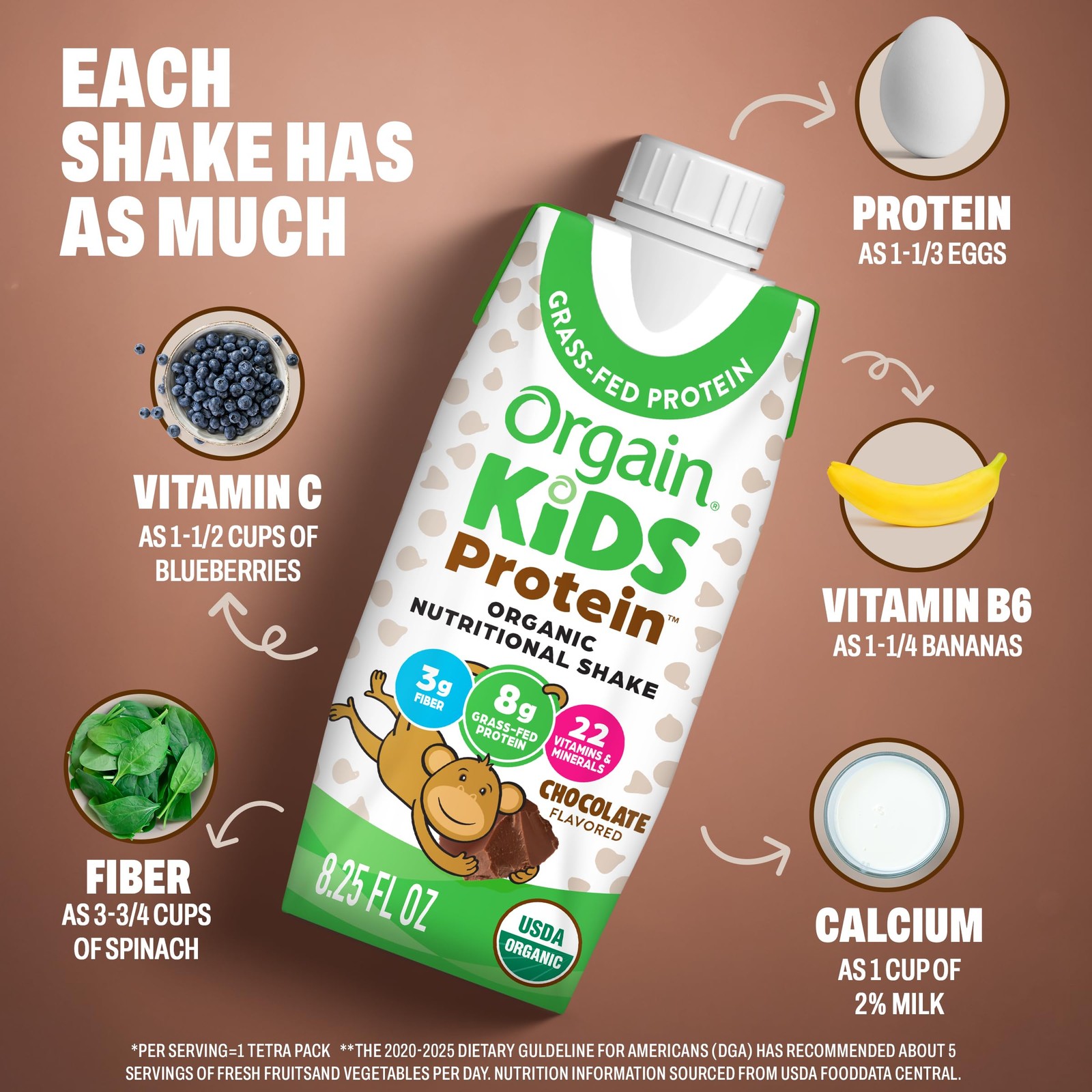 Orgain Organic Kids 8.25 Fl Oz (Pack of 12), Grass Fed Shakes